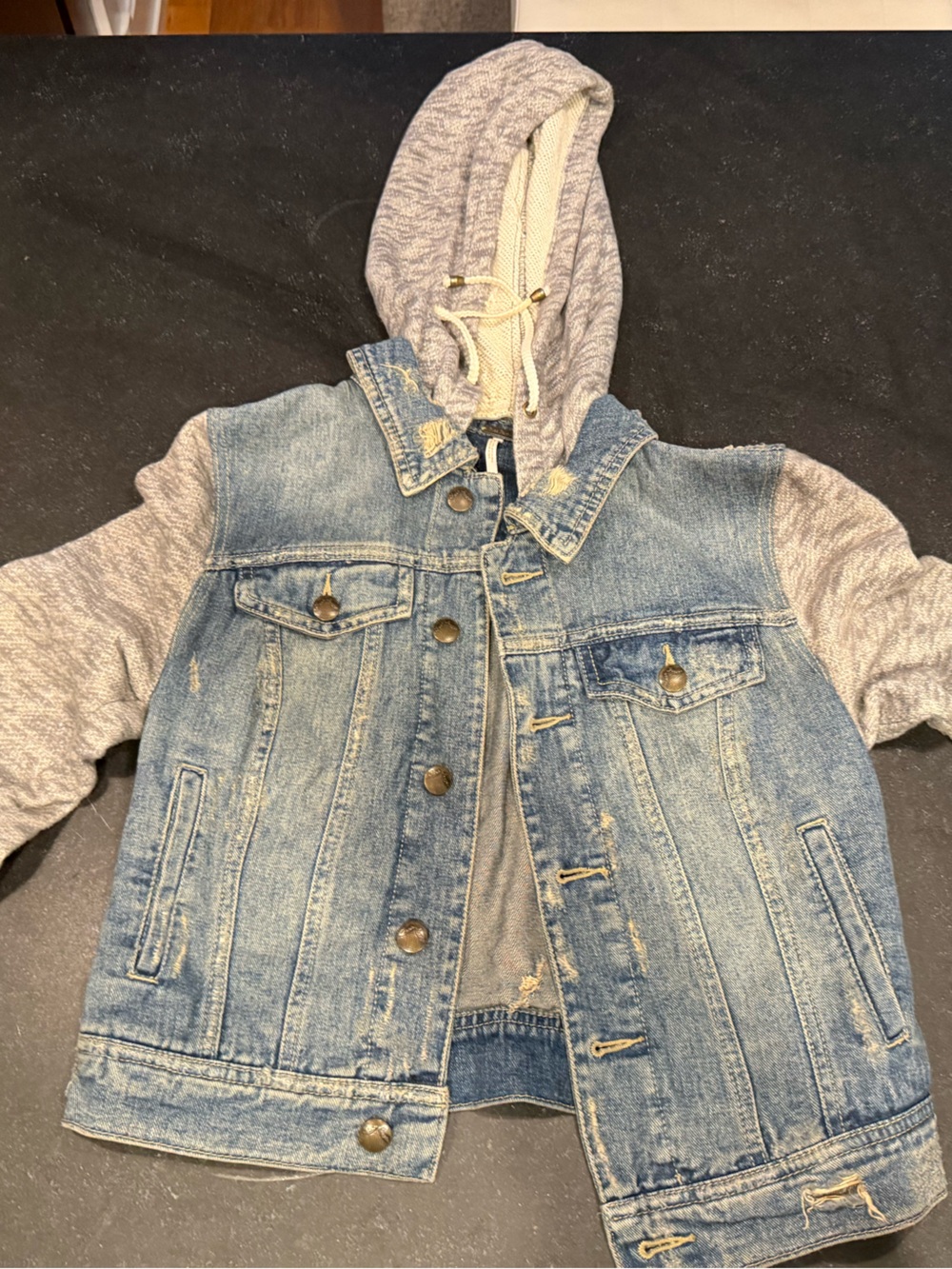 Free People Denim Jacket with Heather Gray Hoodie Sleeves and Hood